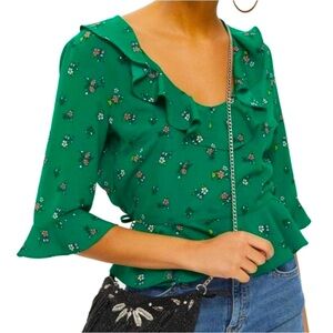 TOPSHOP Phoebe Frilly Blouse in Green